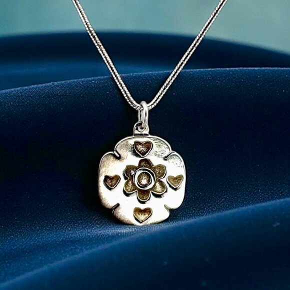 Vintage Mexican Sterling Silver Heart & Flower Pendant Necklace – 17” Italian Ch - Picture 1 of 12